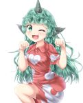 :3 absurdres akiteru98 blush collared_shirt commentary commentary_request curly_hair eyebrows_visible_through_hair fang green_eyes green_hair highres horns komano_aun long_hair looking_at_viewer one_eye_closed paw_pose red_shirt red_shorts shirt shorts simple_background smile solo standing standing_on_one_leg touhou white_background wing_collar 
