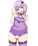  belly big_belly blush breasts covered_navel dress fat fat_folds hair_ornament head_tilt highres looking_at_viewer love_handles muffin_top open_mouth plump purple_dress purple_eyes purple_hair purple_legwear satou_(su9arsatou) short_hair_with_long_locks small_breasts smile solo sparkle thighhighs thighs v vocaloid voiceroid yuzuki_yukari 