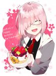  artist_name birthday_cake blush cake closed_eyes commentary_request dated english facing_viewer fate/grand_order fate_(series) food fruit glasses hair_over_one_eye happy_birthday kiwi_slice kiwifruit lavender_hair mash_kyrielight plate redrop strawberry takahashi_rie 