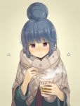  :t blue_hair blush chopsticks closed_mouth cup_ramen eyebrows_visible_through_hair hair_bun head_tilt highres holding looking_at_viewer minamito pink_eyes shawl shima_rin solo steam triangle yurucamp 