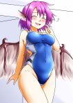  animal_ears bird_wings blue_swimsuit blush breasts closed_eyes commentary_request competition_swimsuit d-m_(dii_emu) highres medium_breasts mystia_lorelei one-piece_swimsuit open_mouth pink_hair short_hair smile solo sweatdrop swimsuit touhou wings 