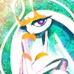  antennae artist_name blue_background blue_eyes finger_in_mouth hakkasame hands_up long_hair looking_at_viewer multicolored_eyes pheromosa pokemon pokemon_(creature) pokemon_sm purple_eyes simple_background text twitter_username ultra_beast upper_body white_hair 