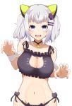  :d absurdres animal_ears bell bikini blue_eyes blush bow breasts cat_ears cat_lingerie cleavage cleavage_cutout commentary_request fake_animal_ears fang half-closed_eyes highres jingle_bell kaguya_luna kaguya_luna_(character) large_breasts looking_at_viewer meme_attire minami_osu navel open_mouth paw_pose side-tie_bikini smile solo swimsuit teeth twintails virtual_youtuber 