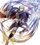  armor armored_boots bangs blue_armor blue_eyes boots cape elbow_pads ephraim fire_emblem fire_emblem:_seima_no_kouseki fire_emblem_heroes full_body gauntlets green_hair highres holding holding_weapon looking_away male_focus mayachise non-web_source official_art open_mouth pants polearm short_hair shoulder_armor shoulder_pads solo transparent_background weapon 