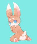  anthro backsack balls blue_eyes blush brown_fur cub fur lagomorph looking_back male mammal nude pawpads perineum rabbit sillywolf simple_background solo whiskers white_fur young 