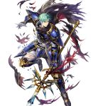  armor armored_boots bangs blue_armor blue_eyes boots broken_armor cape elbow_pads ephraim fire_emblem fire_emblem:_seima_no_kouseki fire_emblem_heroes full_body gauntlets green_hair highres holding holding_weapon looking_away male_focus mayachise non-web_source official_art pants parted_lips polearm short_hair shoulder_armor shoulder_pads smile solo spear torn_clothes transparent_background weapon 