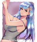  aqua_eyes bare_shoulders blue_hair breasts commentary earrings hair_behind_ear hair_ornament hairclip jewelry lips long_hair looking_at_viewer medium_breasts nudtawut_thongmai original parted_lips signature smile solo strap_slip 