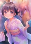  :o bangs blurry blurry_background blush braid brown_eyes brown_hair clothes_grab commentary_request depth_of_field drawstring_bag eyebrows_visible_through_hair hair_between_eyes hair_ornament japanese_clothes kimono long_sleeves looking_at_viewer moe2018 multiple_girls obi original parted_lips print_kimono purple_kimono sash side_ponytail solo_focus usashiro_mani wide_sleeves 