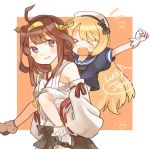  &gt;_&lt; :d ahoge artist_name bare_shoulders black_neckwear blonde_hair blue_sailor_collar blush brown_hair carrying closed_eyes commentary_request detached_sleeves double_bun eyebrows_visible_through_hair gloves hairband hat headgear ina_(1813576) japanese_clothes jervis_(kantai_collection) kantai_collection kongou_(kantai_collection) long_hair multiple_girls neckerchief nontraditional_miko open_mouth parted_lips piggyback purple_eyes ribbon-trimmed_sleeves ribbon_trim round_teeth sailor_collar sailor_hat school_uniform serafuku shoes short_sleeves smile speech_bubble teeth white_gloves white_hat white_legwear xd 