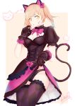  alternate_costume alternate_legwear animal_ears argyle argyle_legwear beige_background black_cat_d.va black_dress black_gloves black_panties blonde_hair border bow bowtie breasts cai_yuan cat_ears cat_tail checkered checkered_legwear cleavage commentary_request corset cowboy_shot d.va_(overwatch) dress dress_lift earrings eyebrows_visible_through_hair fake_animal_ears gloves hair_tousle hairband heart heart_earrings highres jewelry lolita_fashion looking_at_viewer medium_breasts medium_hair open_mouth overwatch panties pink_bow puffy_short_sleeves puffy_sleeves short_sleeves simple_background solo tail thighhighs twintails underwear white_border yellow_eyes 