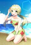  :d barefoot beach between_legs bikini bikini_shorts blonde_hair blue_sky breasts cloud collarbone cosplay day floral_print green_bikini green_eyes hand_between_legs highres kneeling lillie_(pokemon) long_hair looking_at_viewer low_twintails mao_(pokemon) mao_(pokemon)_(cosplay) medium_breasts navel ocean open_mouth outdoors pokemon pokemon_(anime) pokemon_sm_(anime) shorts sky smile solo stomach strapless strapless_bikini swimsuit twintails yuihiko 