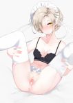  after_sex after_vaginal anus ase_(apocrine) azur_lane bar_censor bare_shoulders black_bra blonde_hair bottomless bra braid censored clitoris closed_mouth collarbone cum cum_in_pussy cumdrip expressionless feet garter_belt hair_over_one_eye highres lace lace-trimmed_bra legs_up looking_at_viewer maid_headdress navel pussy sheffield_(azur_lane) short_hair simple_background solo spread_legs thighhighs underwear underwear_only white_background white_legwear yellow_eyes 