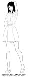  absurdres arm_at_side arm_behind_head arm_up bangs closed_mouth collared_shirt dress_shirt full_body greyscale highres lineart loafers long_hair looking_at_viewer medium_skirt monochrome no_shoes original pleated_skirt shirt shoes simple_background skirt smile standing vocher white_background wing_collar 