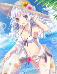  aruka_(alka_p1) bikini blue_eyes blue_sky breasts cloud cowboy_shot day front-tie_top hat heterochromia highres innertube long_hair looking_at_viewer moe2018 ocean open_mouth original outdoors shirt silver_hair sky small_breasts smile solo straw_hat swimsuit white_bikini white_shirt yellow_eyes 