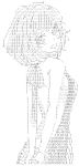  1girl aran_sweater arms_behind_back back backless_outfit bangs bare_arms bare_back bare_shoulders bob_cut breasts drawstring eyebrows_visible_through_hair from_behind greyscale looking_at_viewer medium_hair meme_attire monochrome naked_sweater off-shoulder_shirt off_shoulder open_mouth original ribbed_sweater shift_jis_art shirt short_hair sideboob simple_background small_breasts smile solo sweater translation_request upper_body virgin_killer_sweater white_background 
