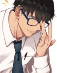  1boy absurdres adjusting_eyewear black_hair black_neckwear blue-framed_eyewear closed_mouth collared_shirt glasses highres idolmaster idolmaster_cinderella_girls long_sleeves looking_at_viewer male_focus morino_shoutarou necktie pen producer_(idolmaster_cinderella_girls_anime) shirt simple_background smile solo white_background white_shirt wing_collar 