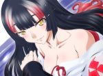  akagi_(aoki_hagane_no_arpeggio) aoki_hagane_no_arpeggio bangs black_hair blunt_bangs breasts cleavage commentary_request kaname_aomame long_sleeves looking_at_viewer medium_breasts multicolored_hair off_shoulder open_clothes red_hair smile solo upper_body white_hair yellow_eyes 
