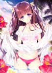  black_hair blurry_foreground brown_hair cloud collarbone cowboy_shot dress hair_ribbon highres long_hair looking_at_viewer moe2018 off-shoulder_dress off_shoulder original outdoors purple_eyes ribbon see-through sky smile solo standing two_side_up wading water wet wet_clothes white_dress yuka_(mischief) 