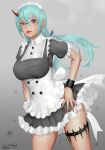  aqua_eyes aqua_hair ariverkao breasts cowboy_shot frills glasses gradient gradient_background horn large_breasts lips long_hair looking_to_the_side maid maid_headdress original parted_lips solo thigh_strap twintails wrist_cuffs 