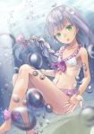  air_bubble bangs bare_arms bare_legs bare_shoulders barefoot bikini blush bow braid breasts bubble commentary_request doonatsu. dutch_angle eyebrows_visible_through_hair green_eyes hair_bow looking_at_viewer moe2018 navel original parted_lips pink_bow single_braid small_breasts solo swimsuit underwater upper_teeth white_bikini 