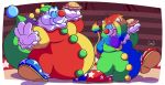  2016 4_fingers anthro blonde_hair blue_eyes blue_hair clothed clothing clown digital_drawing_(artwork) digital_media_(artwork) dragon duo feline food gloves green_hair hair hypnosis lion male mammal mind_control multicolored_hair obese overweight pie purple_hair rainbow_hair red_hair simple_background smile soul-silver-dragon soul-silver-dragon_(character) spiral spiral_eyes standing 