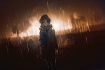  backlighting bangs blurry bokeh coat commentary_request cowboy_shot depth_of_field fur_trim hand_in_pocket hayami_kanade highres idolmaster idolmaster_cinderella_girls light_particles looking_at_viewer monochrome parted_bangs partially_unzipped rain ryokucha_manma sepia short_hair solo 