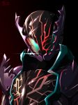  aqua_eyes armor artist_name black_background commentary_request diffraction_spikes full_armor glowing gradient gradient_background helmet highres kamen_rider kamen_rider_build_(series) kamen_rider_rogue male_focus pauldrons red_background solo tei-o tokusatsu upper_body 
