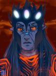  ainur armor bioluminescence cloud commander_ledi gem glowing glowing_eyes grey_hair grey_skin hair helmet horn humanoid j._r._r._tolkien long_hair male morgoth not_furry orange_eyes outside pointy_ears red_pupils scar silmarillion slit_pupils solo vein 