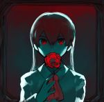  ascot covered_mouth flower glowing glowing_eyes hair_between_eyes hand_up holding holding_flower ib ib_(ib) idk-kun long_sleeves looking_at_viewer red_eyes red_flower red_hair red_neckwear red_rose rose solo upper_body 