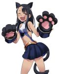  774_(nanashi) ;d animal_ears bare_shoulders black_hair blush breasts brown_eyes cat_ears cat_paws cat_tail dark_skin fang gloves ijiranaide_nagatoro-san long_hair looking_at_viewer nagatoro one_eye_closed open_mouth paw_gloves paws simple_background small_breasts smile solo tail white_background 