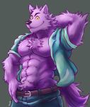  2017 abs anthro belt bernard_(ok_k.o.!_lbh) biceps big_muscles black_eyes black_nose canine cartoon_network chest_tuft claws clothed clothing flexing fur grey_background hand_behind_head hi_res looking_at_viewer male mammal muscular muscular_male ok_k.o.!_let&#039;s_be_heroes open_shirt pants pecs pose purple_fur shirt simple_background smile solo standing teeth triceps tuft tupidwithouts were werewolf yellow_sclera 