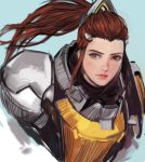  armor blue_background brigitte_(overwatch) brown_eyes brown_hair highres jang_ju_hyeon lips long_hair looking_at_viewer overwatch parted_lips pauldrons pink_lips ponytail simple_background sketch solo upper_body 