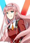 aqua_eyes commentary_request darling_in_the_franxx hairband horns kanna_(plum) long_hair necktie pilot_suit pink_hair signature solo straight_hair tongue tongue_out twitter_username white_hairband zero_two_(darling_in_the_franxx) 