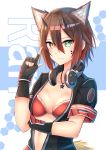  animal_ears bangs bikini_top black_gloves blush breasts brown_hair cleavage closed_mouth extra_ears eyebrows_visible_through_hair facial_mark fingerless_gloves fox_ears fox_tail gloves hair_between_eyes hand_on_own_arm heterochromia hexagon index_finger_raised jacket jewelry looking_at_viewer necklace open_clothes open_jacket original pendant phantasy_star phantasy_star_online_2 racket_ti1 red_bikini_top short_hair short_sleeves sidelocks small_breasts smile solo star star_in_eye star_necklace symbol_in_eye tail tsurime two-tone_background upper_body yellow_eyes 