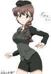  :o alternate_costume artist_name bangs beret black_hat black_jacket black_neckwear black_skirt braid brown_eyes brown_hair bukkuri character_name cowboy_shot dated dress_shirt emblem girls_und_panzer hair_over_shoulder hair_tie hat jacket japanese_tankery_league_(emblem) long_hair long_sleeves looking_at_viewer military military_hat military_uniform miniskirt necktie parted_lips pencil_skirt rukuriri selection_university_(emblem) selection_university_military_uniform shirt signature simple_background single_braid skirt solo standing uniform v-shaped_eyebrows white_background white_shirt wing_collar 