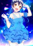  arm_up bangs bare_shoulders blue_hair blush choker commentary_request cowboy_shot dress earrings eyebrows_visible_through_hair flower gloves hair_between_eyes hair_ornament head_wreath jewelry long_hair looking_at_viewer love_live! love_live!_school_idol_project marshall_(wahooo) open_mouth smile solo sonoda_umi thighhighs white_gloves white_legwear yellow_eyes yume_no_tobira 