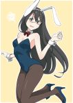  alternate_costume animal_ears black_hair blue_leotard bow bowtie breasts brown_legwear brown_neckwear bunny_ears bunny_tail bunnysuit detached_collar fake_animal_ears glasses green_eyes hairband highres kantai_collection leotard long_hair looking_at_viewer masukuza_j ooyodo_(kantai_collection) pantyhose simple_background small_breasts solo squiggle strapless strapless_leotard tail wrist_cuffs yellow_background 