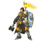  armor arnold_tsang brigitte_(overwatch) brown_hair full_armor full_body glowing highres looking_at_viewer mace official_art overwatch shield simple_background smile solo weapon white_background 
