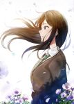  brown_hair cardigan floating_hair flower from_side green_eyes green_neckwear hand_in_pocket highres idolmaster idolmaster_cinderella_girls light_blush light_smile necktie petals profile school_uniform shibuya_rin solo takeashiro wind 