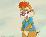  5:4 anthro bottomless brown_fur buckteeth cheek_tuft chest_tuft chip_&#039;n_dale_rescue_rangers chipmunk clothed clothing dale_(cdrr) disney eyewear fur glasses kurokuma824 looking_at_viewer mammal open_mouth open_smile red_nose rodent simple_background small_tail smile solo teeth tuft 
