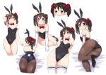  :o animal_ears ass blush breasts brown_hair bunny_ears bunny_tail bunnysuit cleavage commentary covered_navel detached_collar elbow_gloves gloves hand_behind_head high_heels kurokawa_makoto lace lace-trimmed_thighhighs love_live! love_live!_school_idol_project multiple_views pantyhose red_eyes short_twintails small_breasts tail thighhighs twintails white_background yazawa_nico 