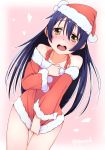  bangs bare_shoulders blue_hair christmas commentary_request covering cowboy_shot detached_sleeves embarrassed eyebrows_visible_through_hair fur_trim hair_between_eyes hat long_hair looking_at_viewer love_live! love_live!_school_idol_project no_pants open_mouth santa_costume santa_hat sesese_(iywsrh) shirt_tug simple_background solo sonoda_umi wavy_mouth yellow_eyes 