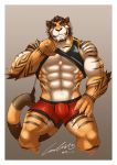  2017 abs anthro biceps big_muscles black_clothing black_topwear blue_eyes boxers_(clothing) bulge claws clothed clothing clothing_lift enaeric fangs feline fur hi_res male mammal muscular muscular_male obliques partially_clothed pecs pose red_clothing red_underwear shirt shirt_lift smile solo striped_fur stripes tank_top teeth tiger triceps underwear 