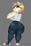  2018 big_butt blue_eyes breasts brown_fur butt clothed clothing crossgender digital_media_(artwork) female freepancakes fully_clothed fur hair hi_res kennen_(lol) league_of_legends looking_back mammal mask riot_games short_stack simple_background solo standing thick_thighs tight_clothing video_games wide_hips yordle 