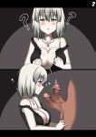  1girl :o ? absurdres ahoge areolae bangs bar_censor bare_shoulders black_dress bouncing_penis breasts censored closed_eyes collarbone comic dark_skin dark_skinned_male dress eyebrows_visible_through_hair fate/grand_order fate_(series) flying_sweatdrops full-length_zipper grey_hair highres imminent_paizuri jeanne_d'arc_(alter)_(fate) jeanne_d'arc_(fate)_(all) jewelry large_breasts mosaic_censoring necklace nipples numbered_panels off_shoulder pale_skin penis ryle short_hair solo_focus testicles undressing unzipped wavy_mouth wicked_dragon_witch_ver._shinjuku_1999 yellow_eyes zipper 