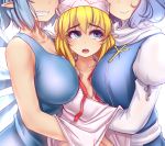  alternate_breast_size bare_arms bare_shoulders blonde_hair blue_eyes blue_hair breast_envy breast_smother breasts cirno collarbone commentary crying crying_with_eyes_open eyebrows_visible_through_hair fang girl_sandwich grin hand_under_clothes hat hater_(hatater) head_out_of_frame huge_breasts ice ice_wings juliet_sleeves letty_whiterock lily_white long_sleeves looking_at_another multiple_girls older open_mouth pointy_ears puffy_sleeves red_ribbon ribbon sandwiched simple_background sleeveless smile tears teeth touhou upper_body white_background white_hat wings you_gonna_get_raped yuri 