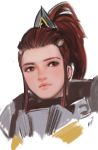  armor brigitte_(overwatch) brown_eyes brown_hair face highres jang_ju_hyeon lips long_hair looking_at_viewer nose overwatch pink_lips ponytail sidelocks simple_background solo white_background 