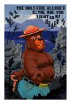  2017 5_fingers absurd_res anthro bear belly bondagefanart brown_fur bulge clothed clothing deep_navel detailed_background digital_drawing_(artwork) digital_media_(artwork) english_text forest fur hat hi_res holding_object holding_tool jeans looking_at_viewer male mammal mountain musclegut muscular muscular_male navel one_eye_closed outside overweight pants pecs seductive shovel sky smile smokey_bear solo standing teasing text thick_thighs tight_clothing tight_pants topless tree wink 