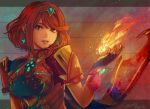  breasts earrings fingerless_gloves gloves homura_(xenoblade_2) jewelry lips looking_at_viewer medium_breasts parted_lips red_eyes red_hair short_hair signature solo stephanie_sybydlo tiara upper_body xenoblade_(series) xenoblade_2 