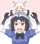  :3 :o animal_ears arms_up black_neckwear blonde_hair blush_stickers bow bowtie brown_eyes chibi chibi_on_head commentary_request common_raccoon_(kemono_friends) crumbs eating fennec_(kemono_friends) food fox_ears fur_collar grey_hair highres japari_bun kemono_friends multicolored_hair multiple_girls on_head outline raccoon_ears short_hair short_sleeves simple_background takatsuki_nao upper_body white_hair white_outline 